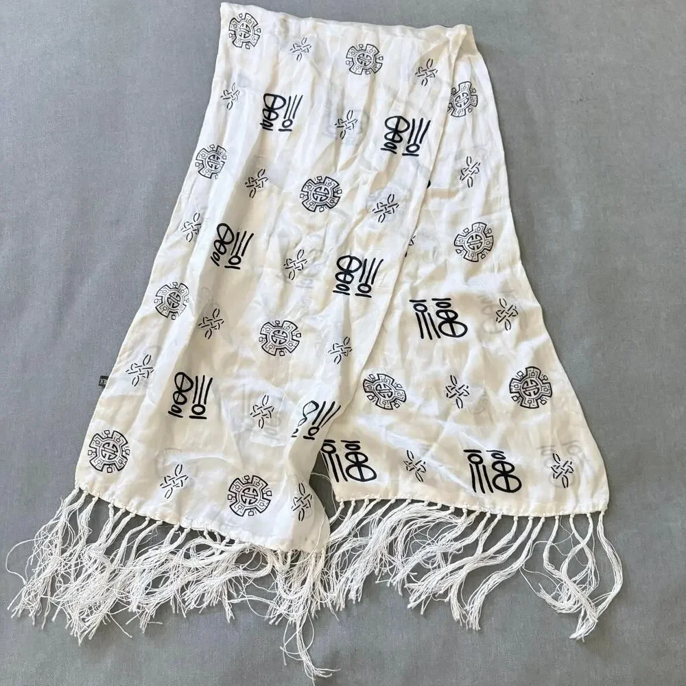 100% Silk Cream Black Fringe Scarf Chinese Inspired Print